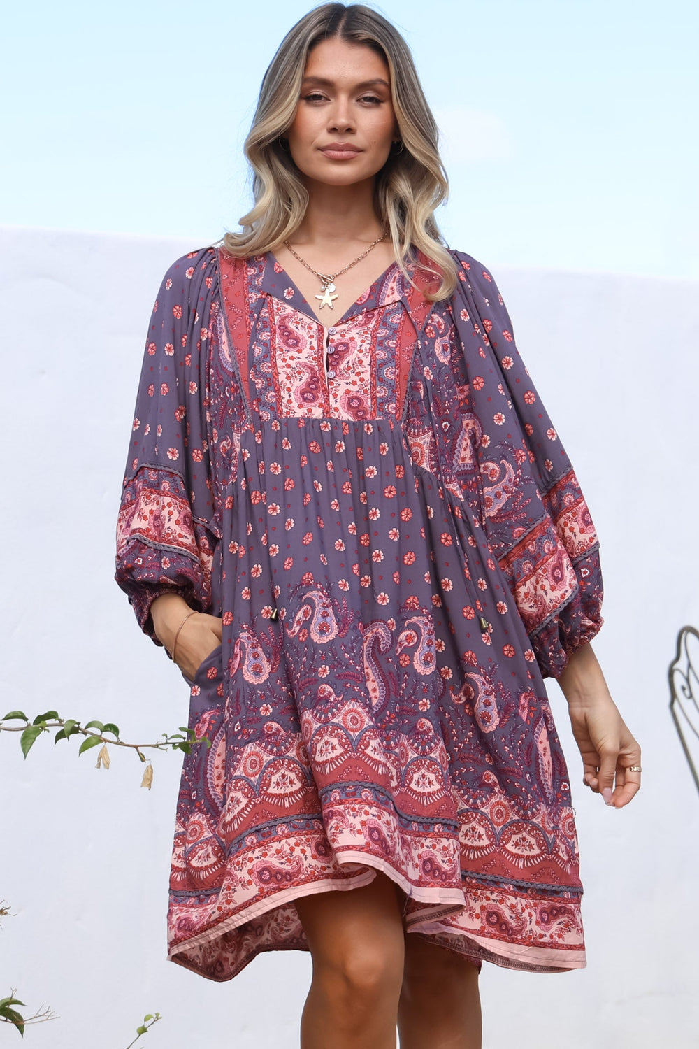 JAASE - Adela Mini Dress: Oversized Smock Dress with Batwing Sleeves in Dancing Daisy Print