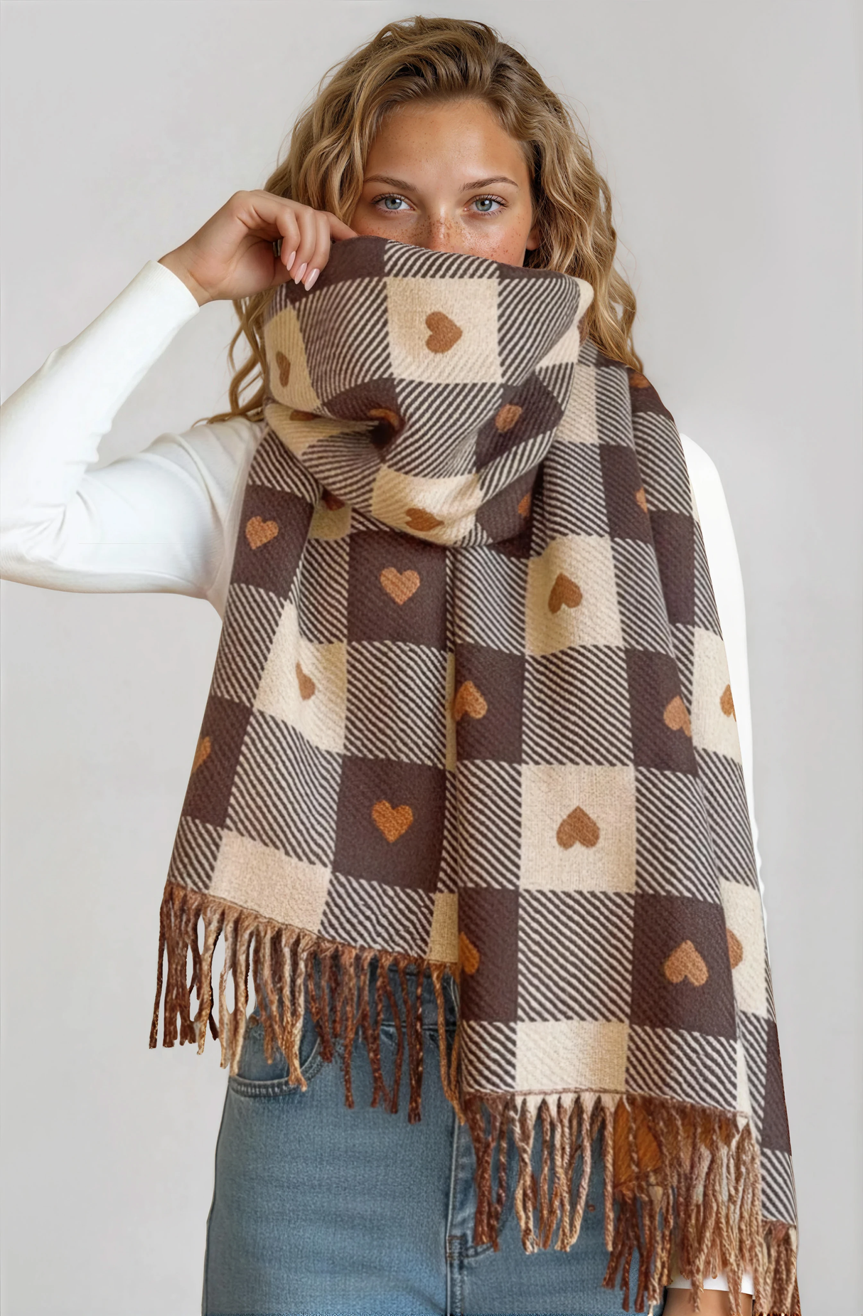 Minka Scarf - Soft Cozy Wrap Scarf with Heart and Check Print in Coffee