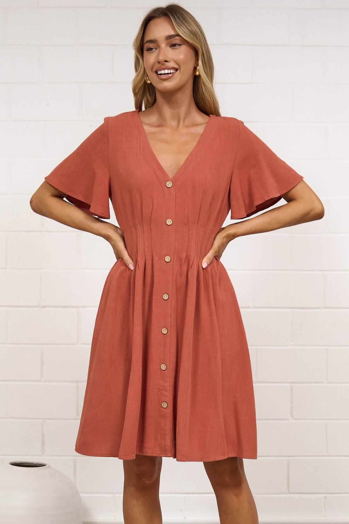Karin Mini Dress - V Neck Flutter Sleeve Mini with Decorative Front Button Placket in Rust