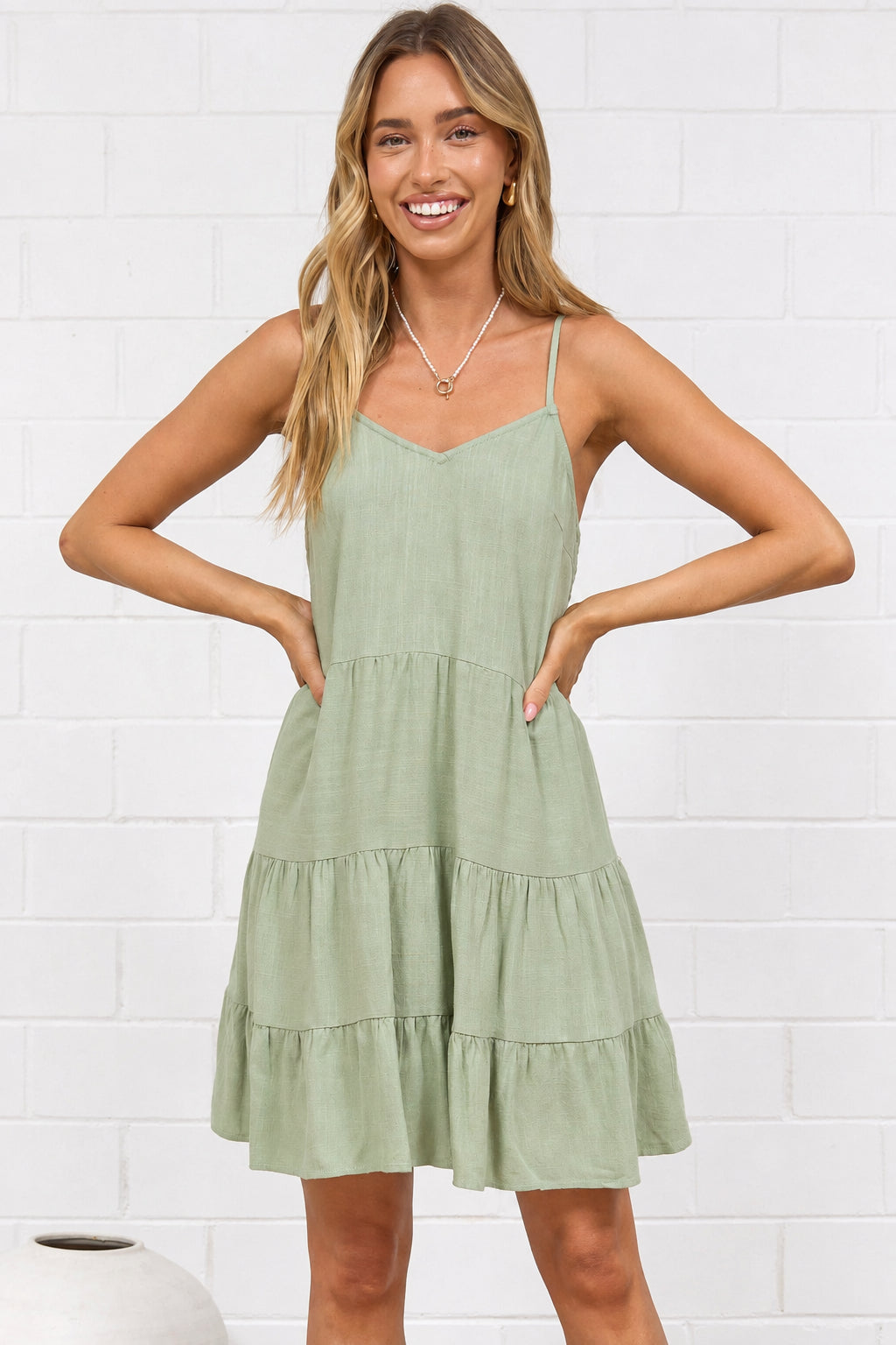 Kaisa Mini Dress - Tiered Sun Dress with Adjustable Straps in Sage