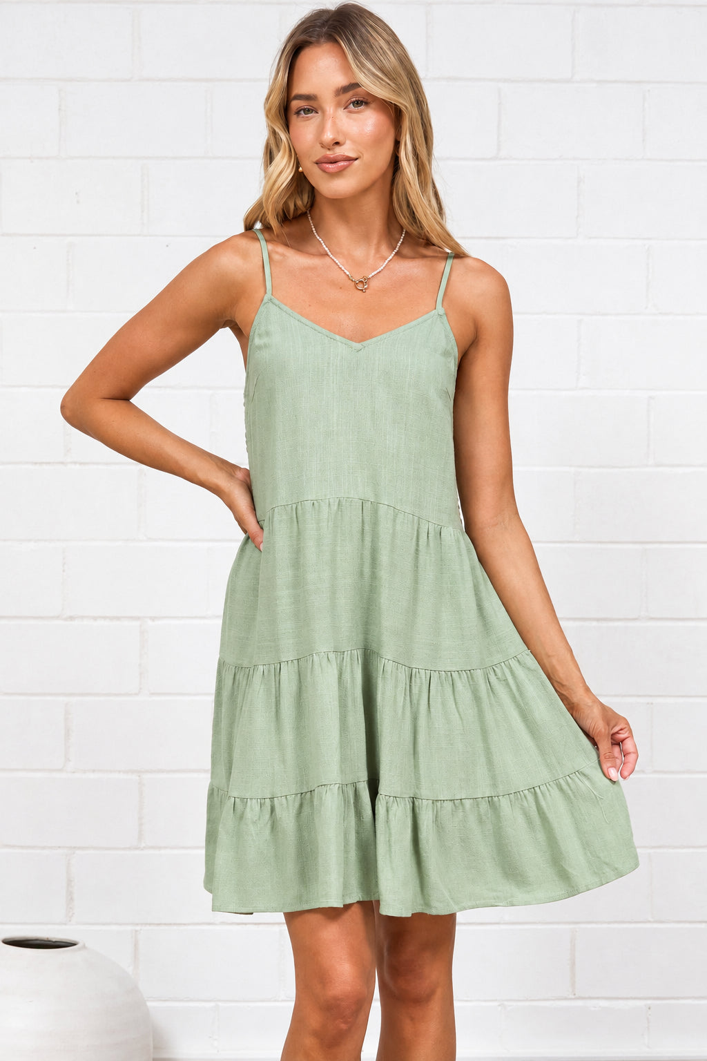Kaisa Mini Dress - Tiered Sun Dress with Adjustable Straps in Sage