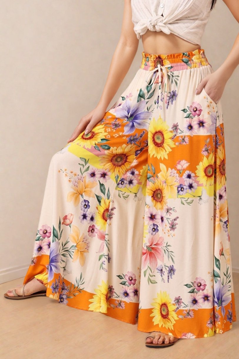Charli Pants - Paper Bag High Waisted Wide Leg Pants in Tansy Print