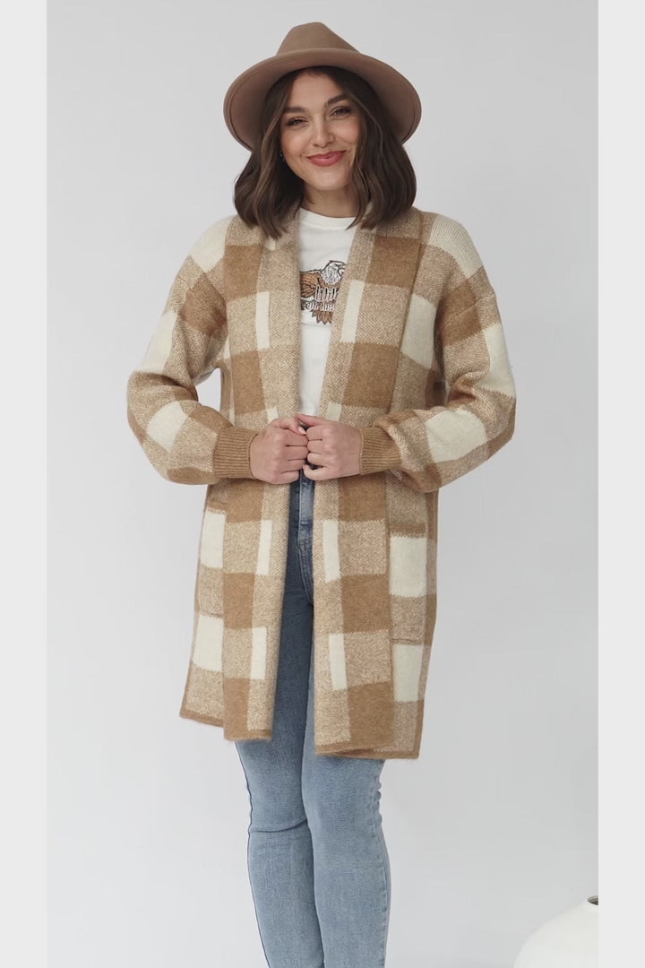 Adelen Cardigan - Folded Center Front Checkered Cardigan in Tan