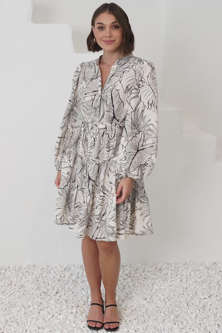 Cadell Mini Dress: Mandarin Collar Buttoned Down Dress Palm Print in Beige