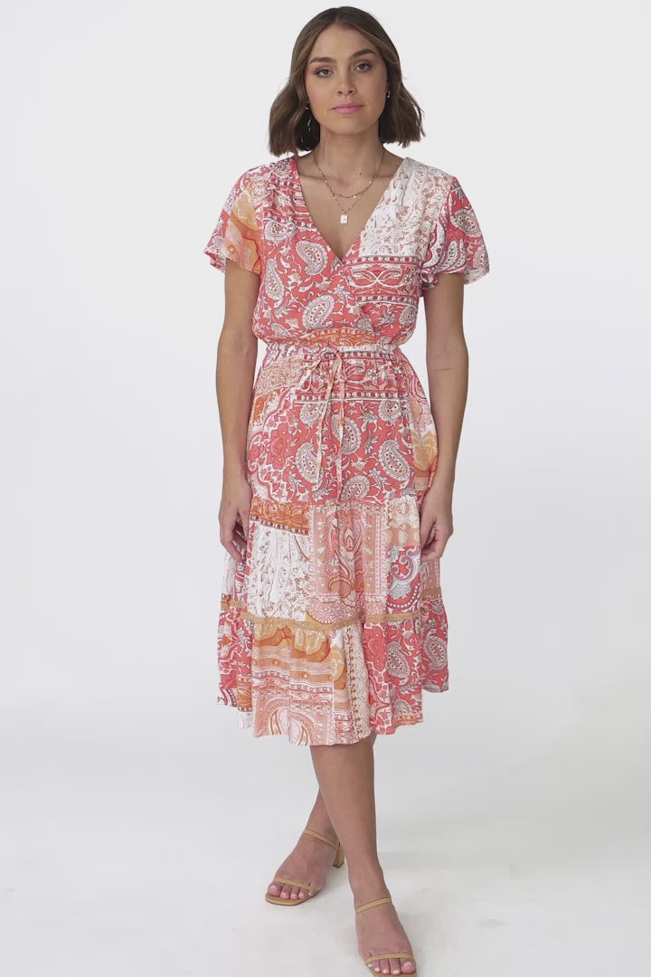 Kris Midi Dress - Cross Bodice A Line Dress with Crochet Spilicing in Lemzie Print Coral