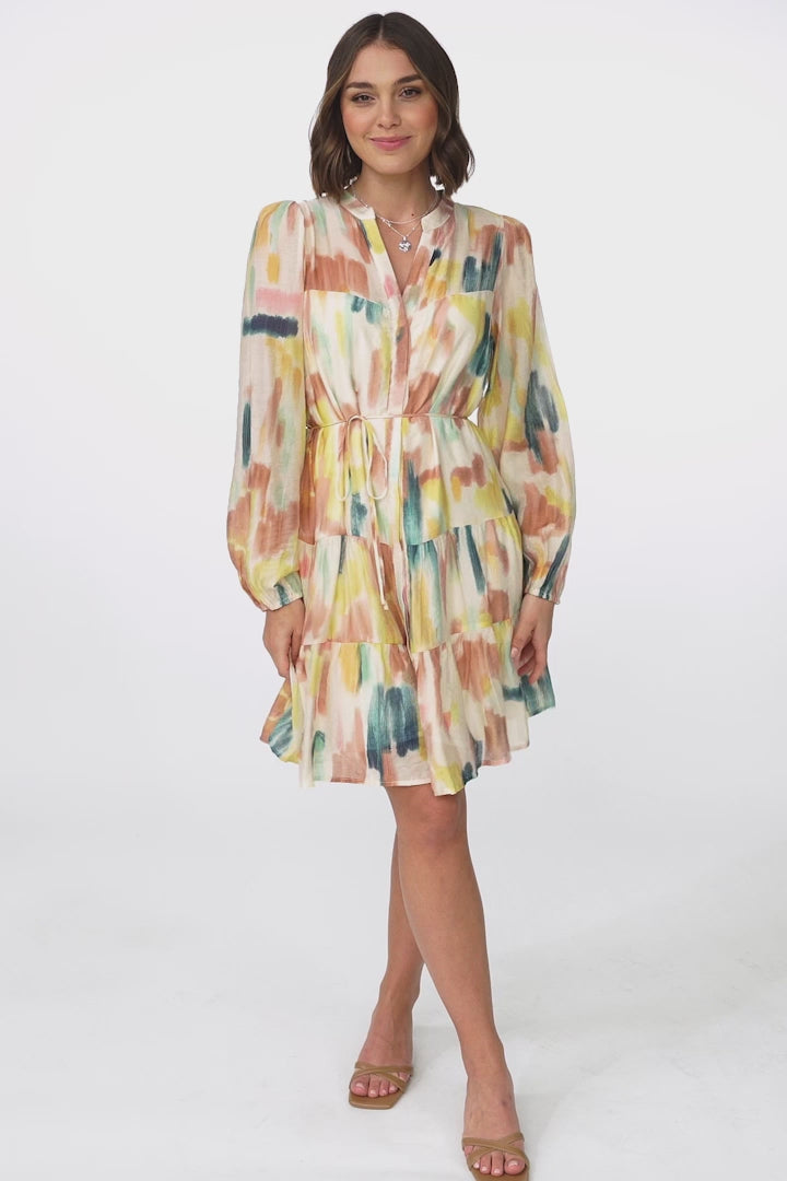 Cadell Mini Dress - Mandarin Collar Buttoned Down Dress in Pastel Dreams Print