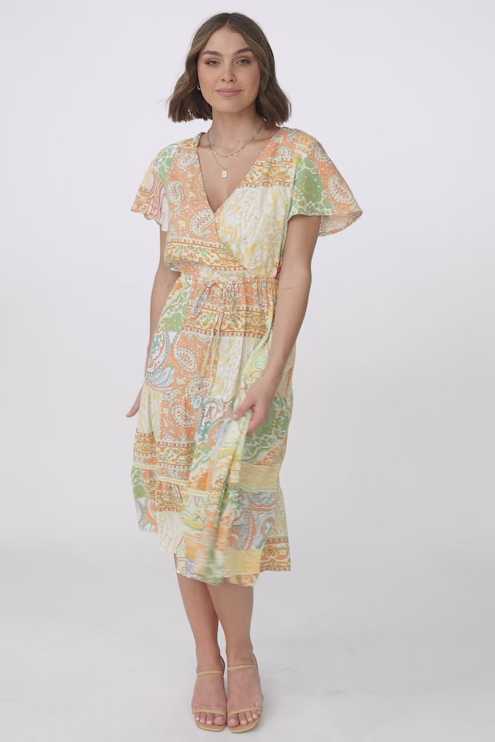 Kris Midi Dress - Cross Bodice A Line Dress with Crochet Spilicing in Lemzie Print Yellow