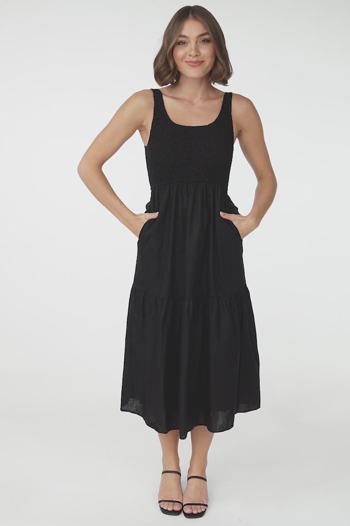 Sarlie Midi Dress - Shirred Bodice Cotton/Linen Blend Tiered Dress in Black