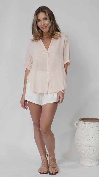 Shelly Shirt - Linen Collared Button Down Shirt in Pink