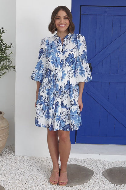 Cadell Mini Dress: Mandarin Collar Buttoned Down Dress Aria Print in Blue