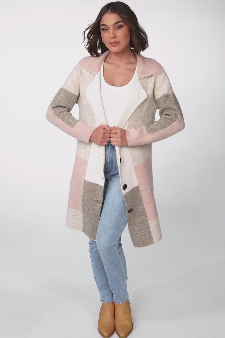Emelyn Cardigan - Checkered Button Down Coatigan in Pink