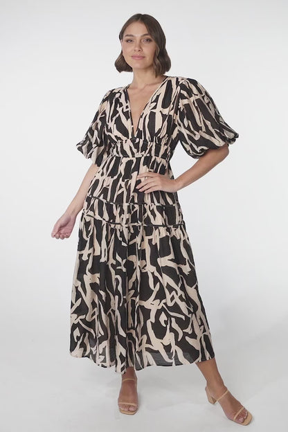 Deserae Midi Dress - Exaggerated Balloon Sleeve Tiered Dress with Piping Splicing in Kass Print
