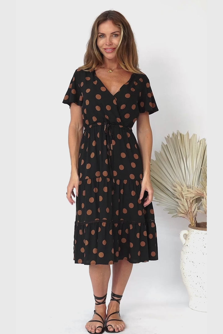 Kris Midi Dress - Cross Bodice A Line Dress with Crochet Spilicing in Mahony Print