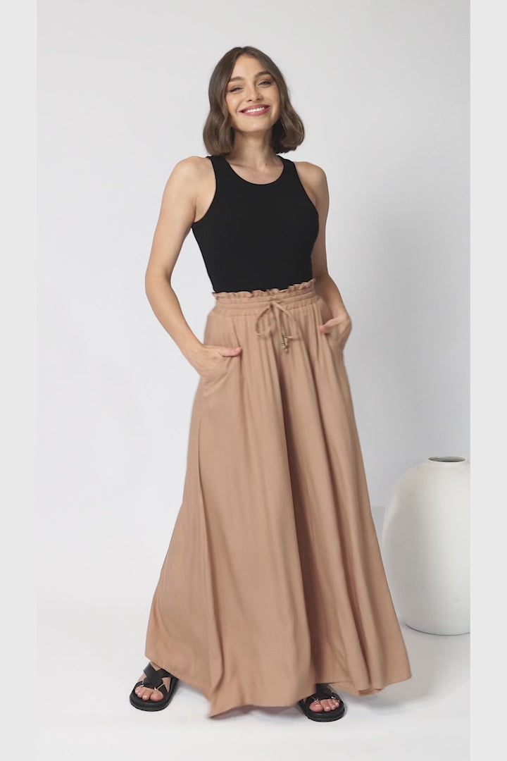 Charli Pants - Paper Bag High Waisted Wide Leg Pants in Camel