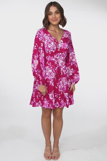 Alicia Mini Dress - A Line Tiered Dress with Pull Tie Waist in Kimberly Print