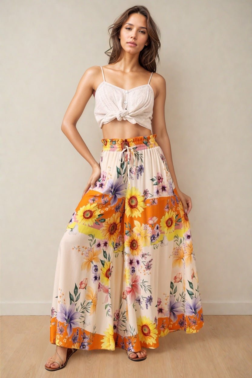 Charli Pants - Paper Bag High Waisted Wide Leg Pants in Tansy Print