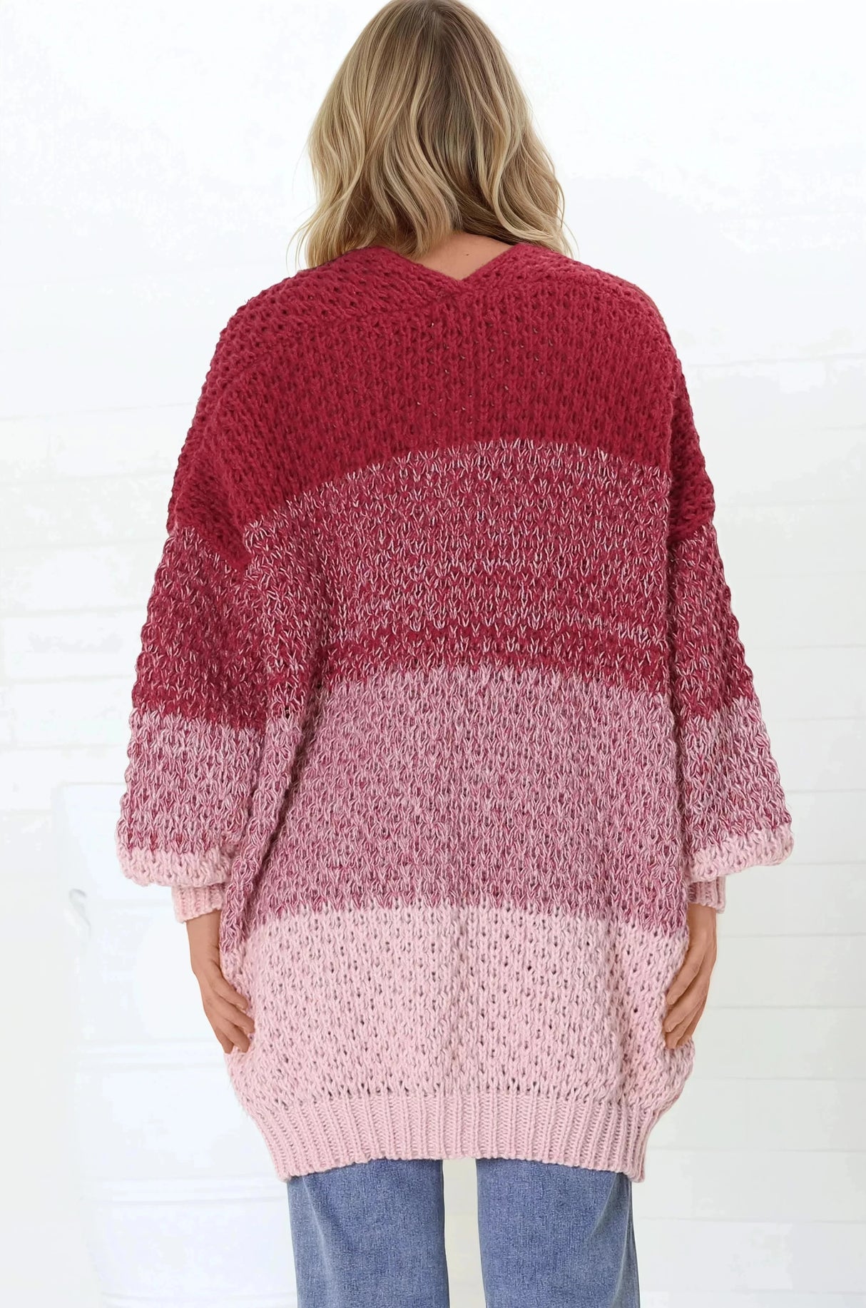 Welles Cardigan - Open Front Colour Block Knit Cardigan with Pockets in Red