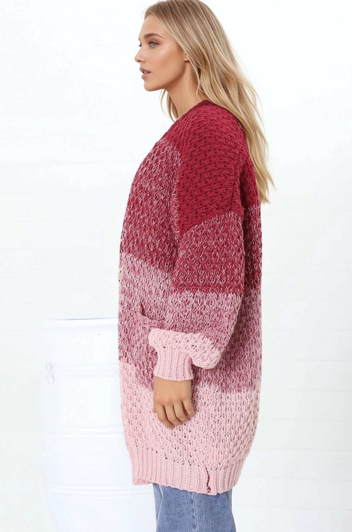 Welles Cardigan - Open Front Colour Block Knit Cardigan with Pockets in Red