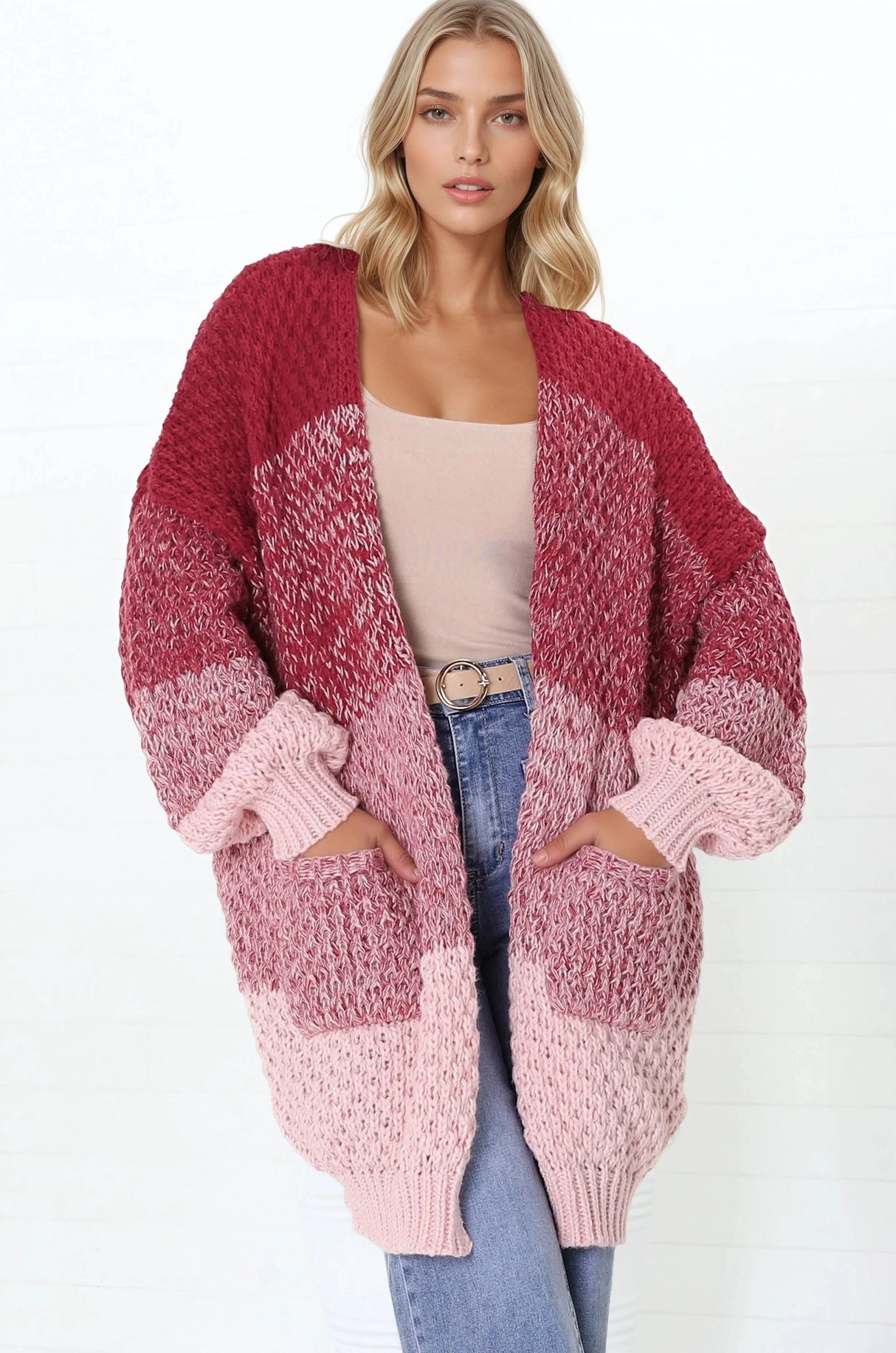 Welles Cardigan - Open Front Colour Block Knit Cardigan with Pockets in Red