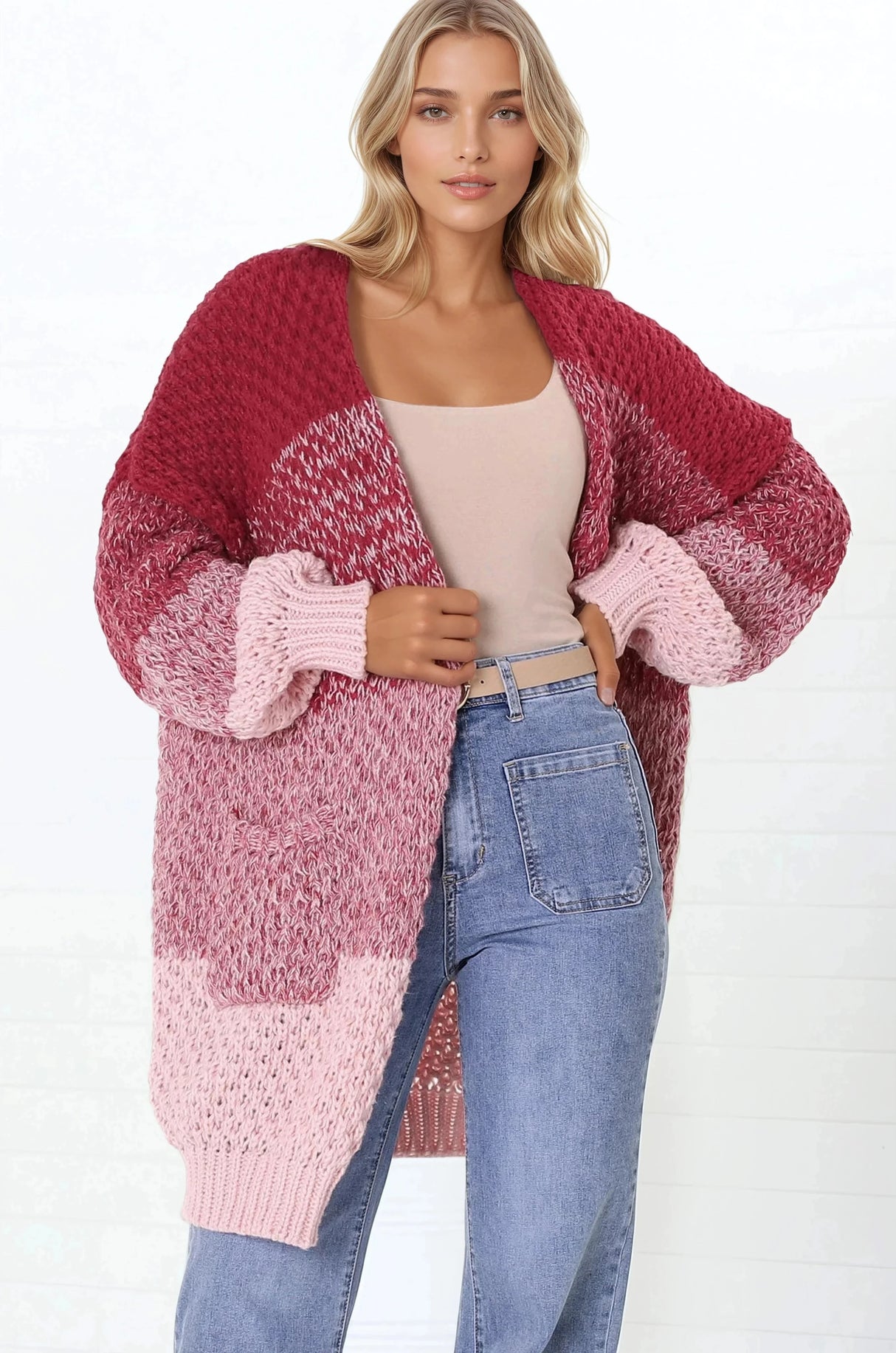 Welles Cardigan - Open Front Colour Block Knit Cardigan with Pockets in Red