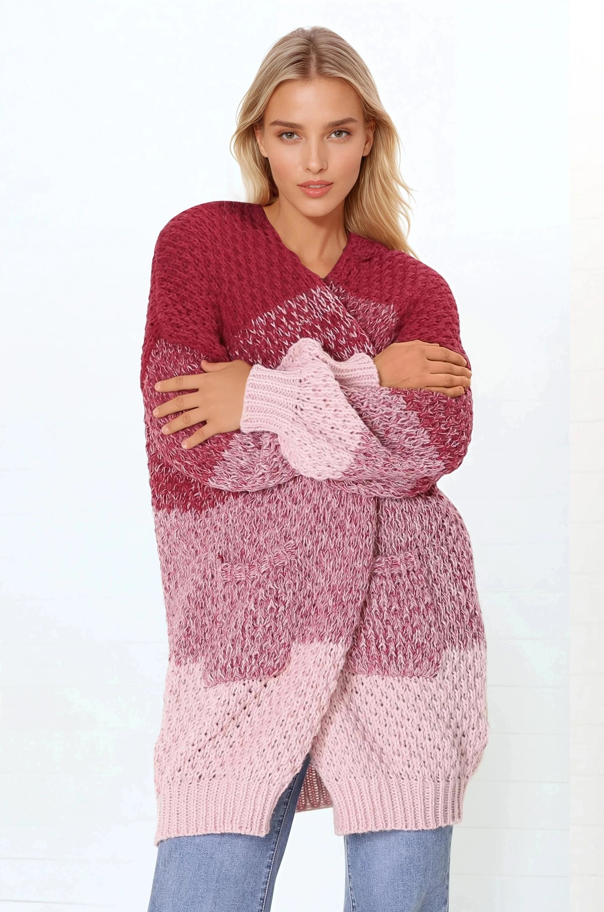 Welles Cardigan - Open Front Colour Block Knit Cardigan with Pockets in Red