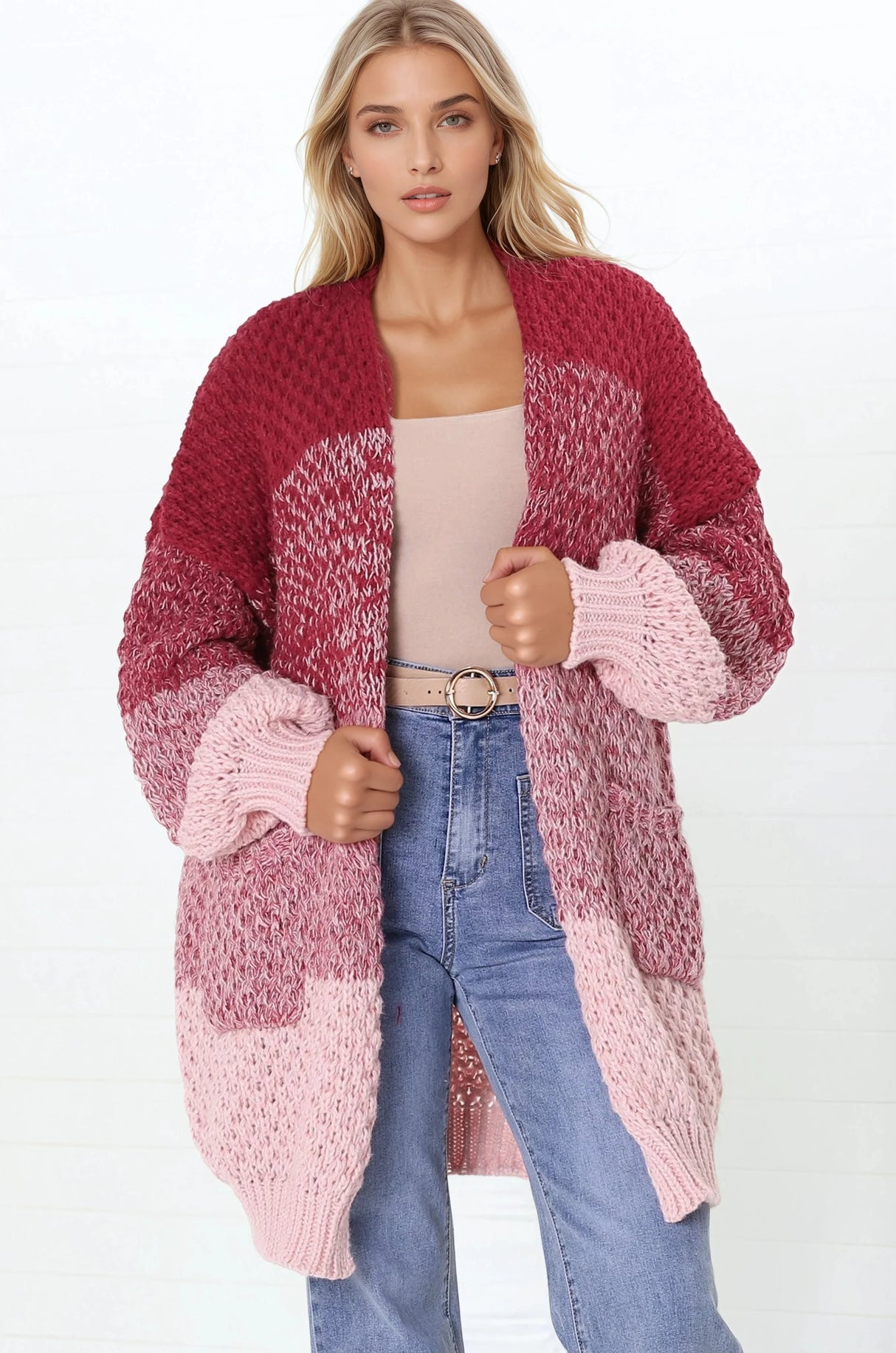 Welles Cardigan - Open Front Colour Block Knit Cardigan with Pockets in Red