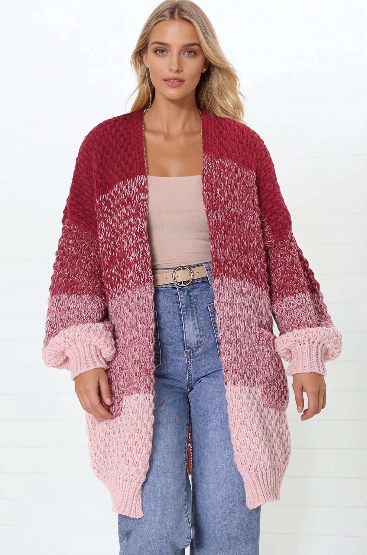 Welles Cardigan - Open Front Colour Block Knit Cardigan with Pockets in Red