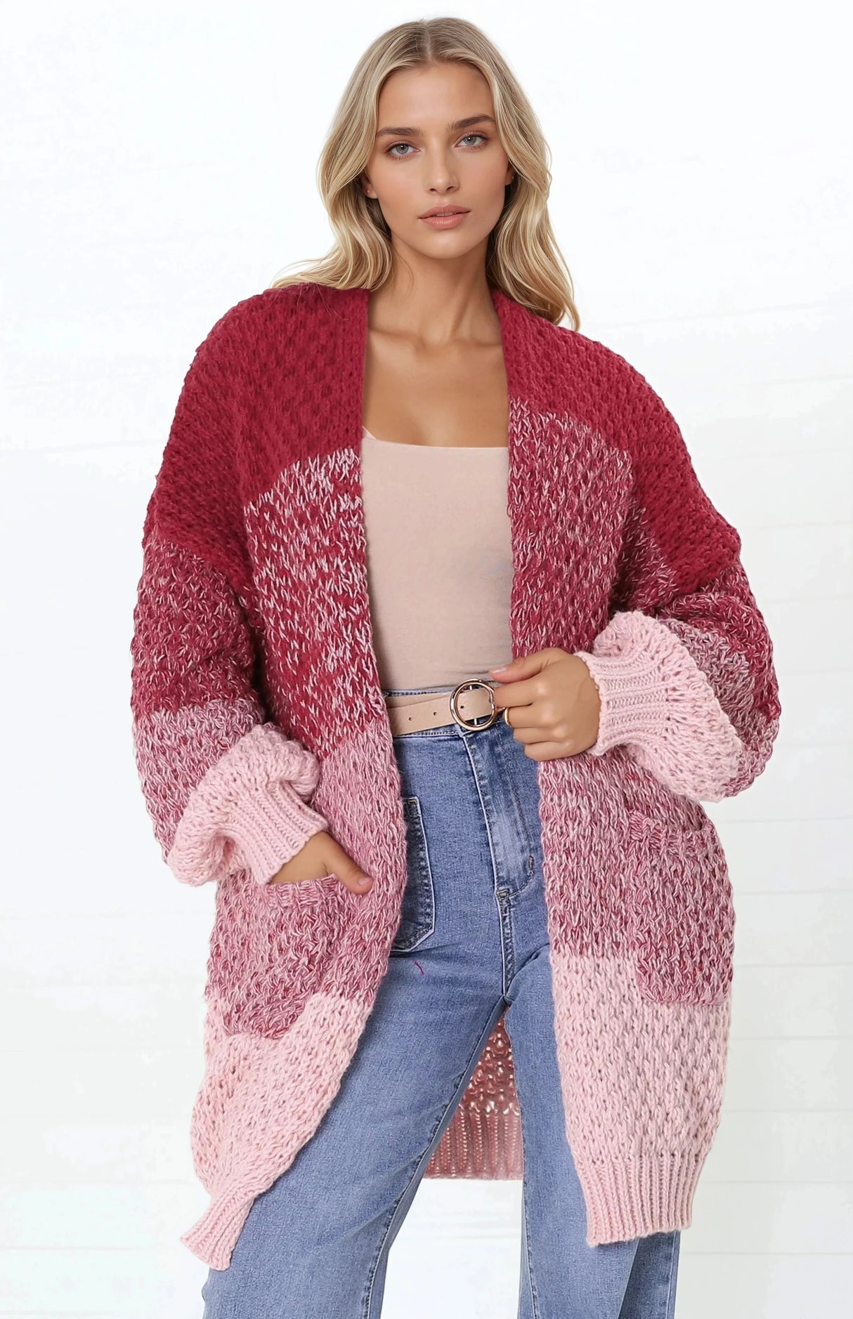 Welles Cardigan - Open Front Colour Block Knit Cardigan with Pockets in Red