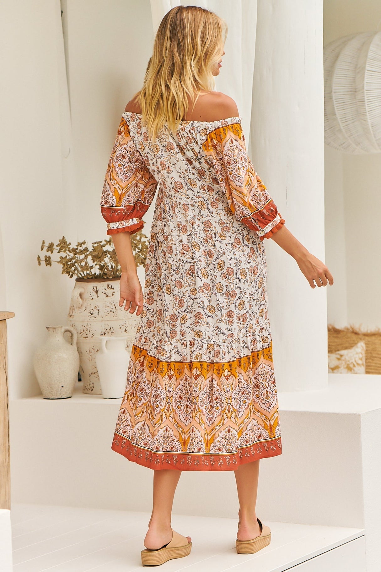 Blossom Maxi Dress - Scoop Neck On or Off Shoulder Smock Dress in Quincy Print