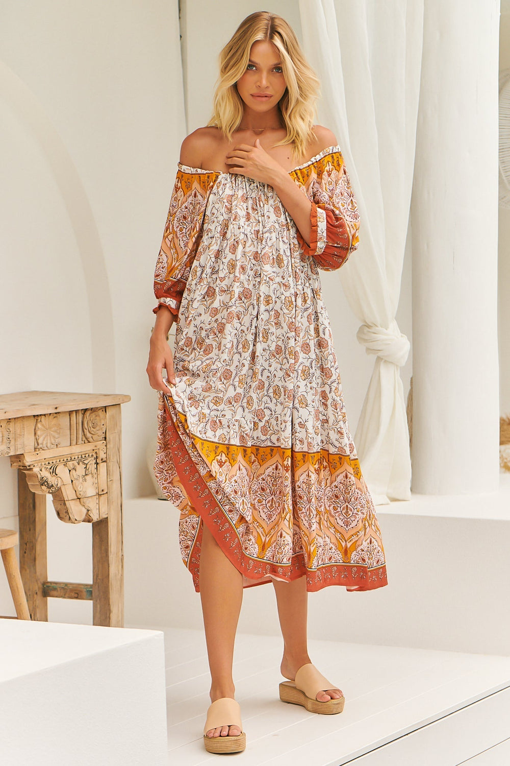 Blossom Maxi Dress - Scoop Neck On or Off Shoulder Smock Dress in Quincy Print