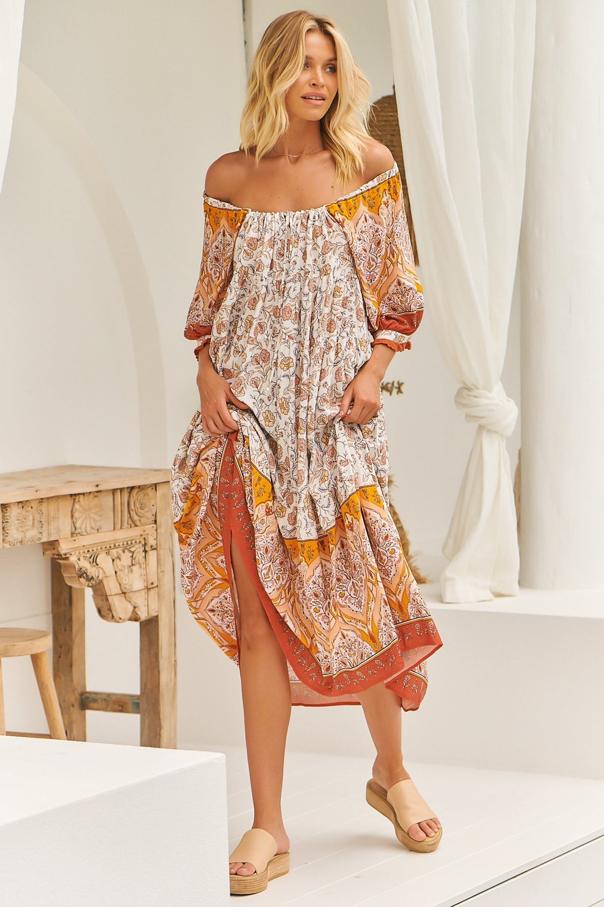 Blossom Maxi Dress - Scoop Neck On or Off Shoulder Smock Dress in Quincy Print