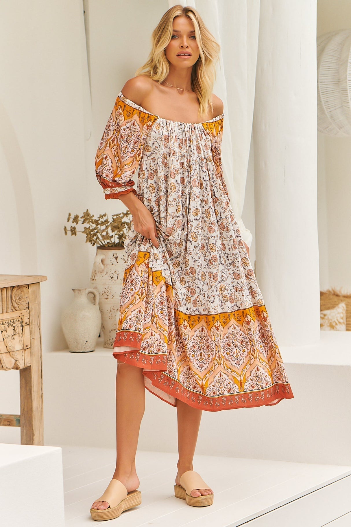 Blossom Maxi Dress - Scoop Neck On or Off Shoulder Smock Dress in Quincy Print