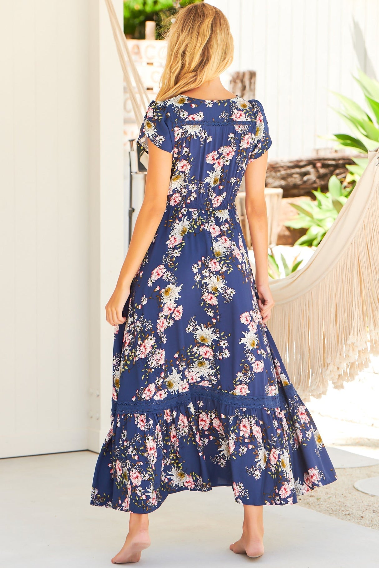 JAASE - Carmen Maxi Dress: Butterfly Cap Sleeve Button Down A Line Dress with Lace Trim in Piana Print
