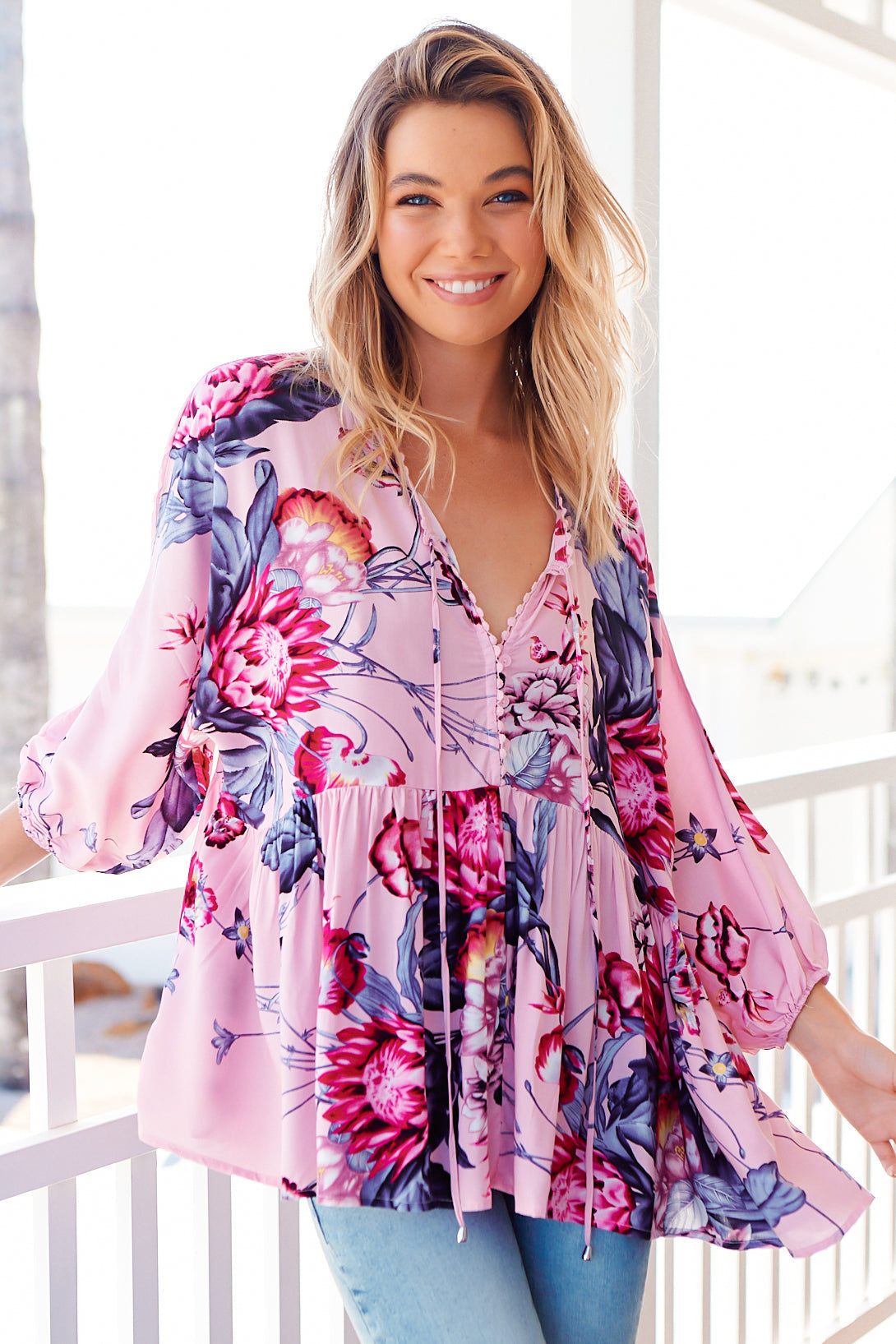 JAASE - Chloe Top: Very Oversized Crochet Trim Neckline Smock Top in Dahlia Print
