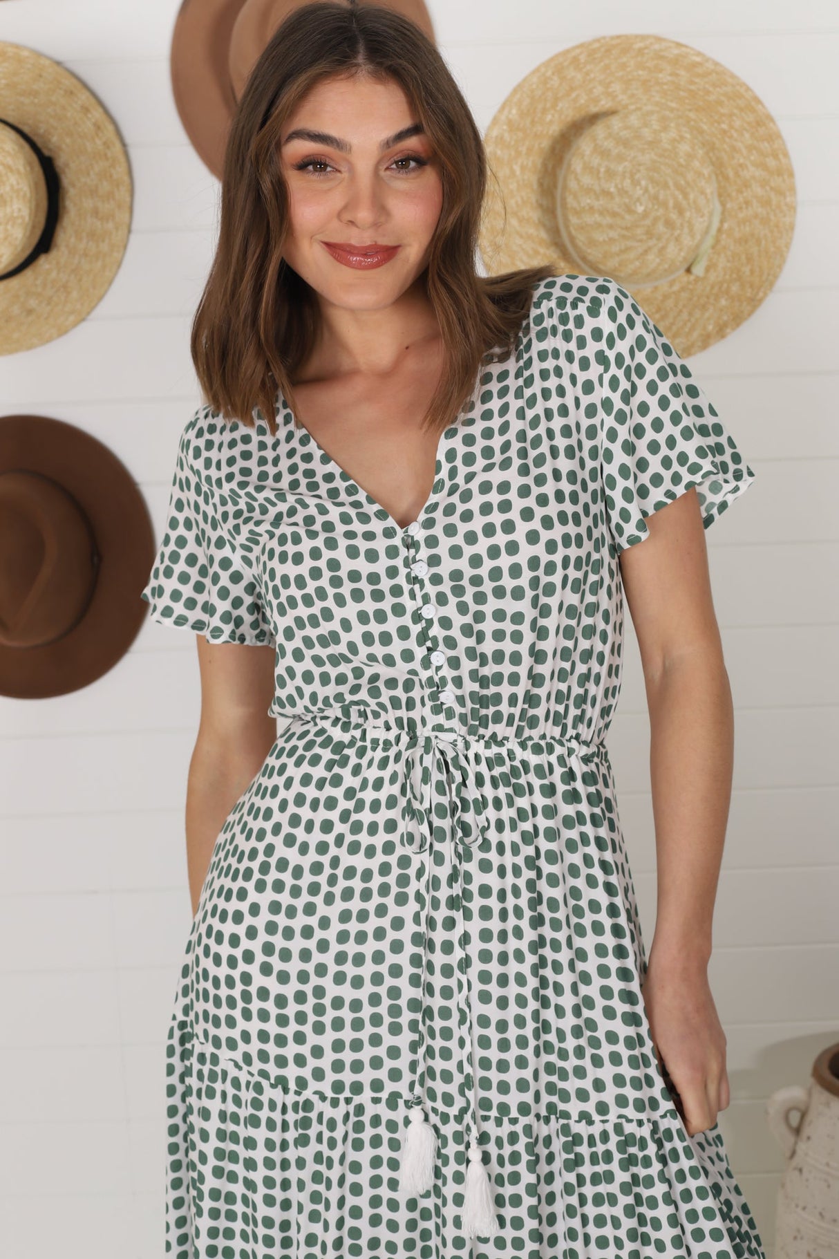 Derla Maxi Dress - V Neck Cap Sleeve Pull Tie Waist A Line Dress in Maryanne Print Green