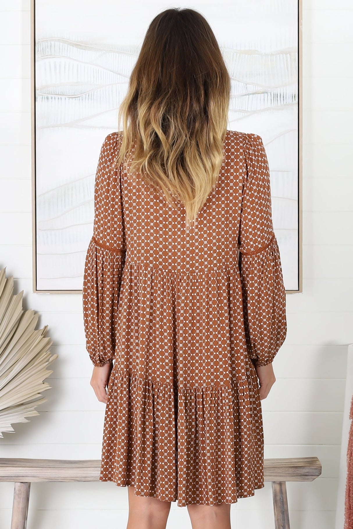 Katya Mini Dress - V-Neck Dress with Long Sleeves in Brown