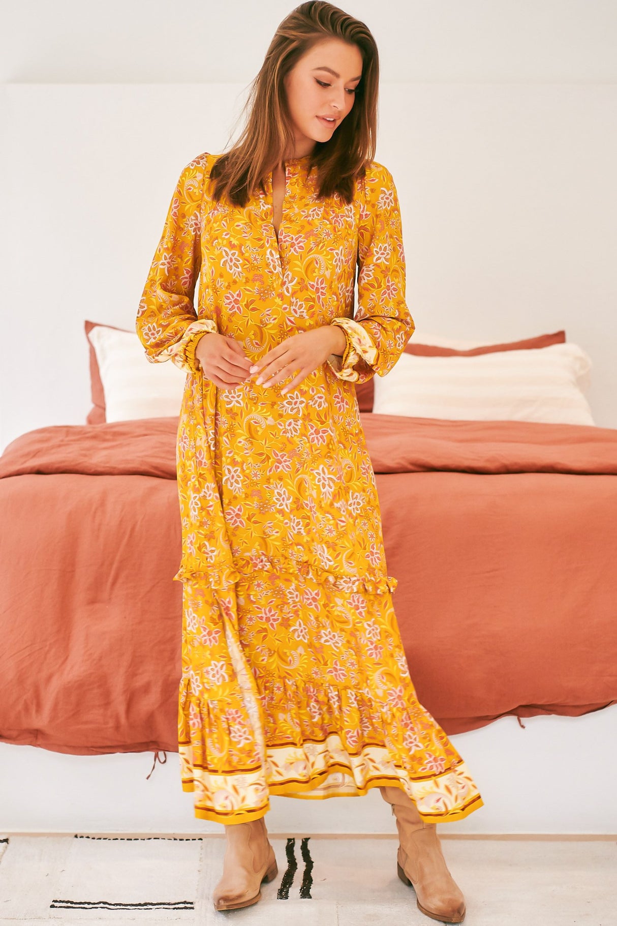 Kensey Maxi Dress - Mandarin Collar Long Sleeve Tiered Dress in Willow Print