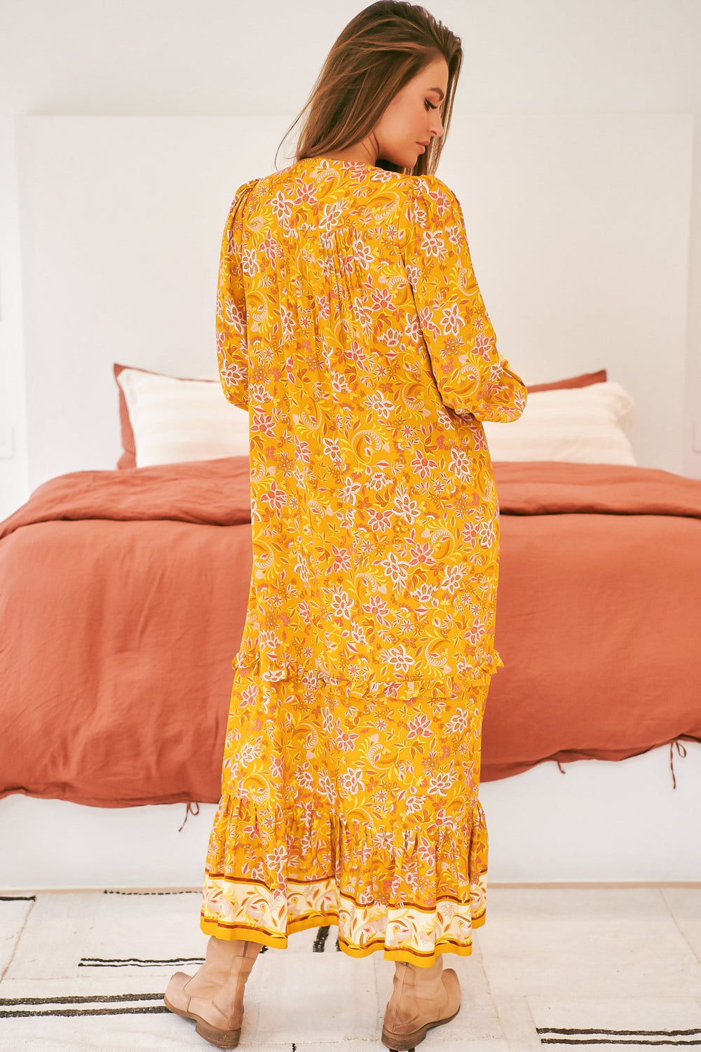 Kensey Maxi Dress - Mandarin Collar Long Sleeve Tiered Dress in Willow Print