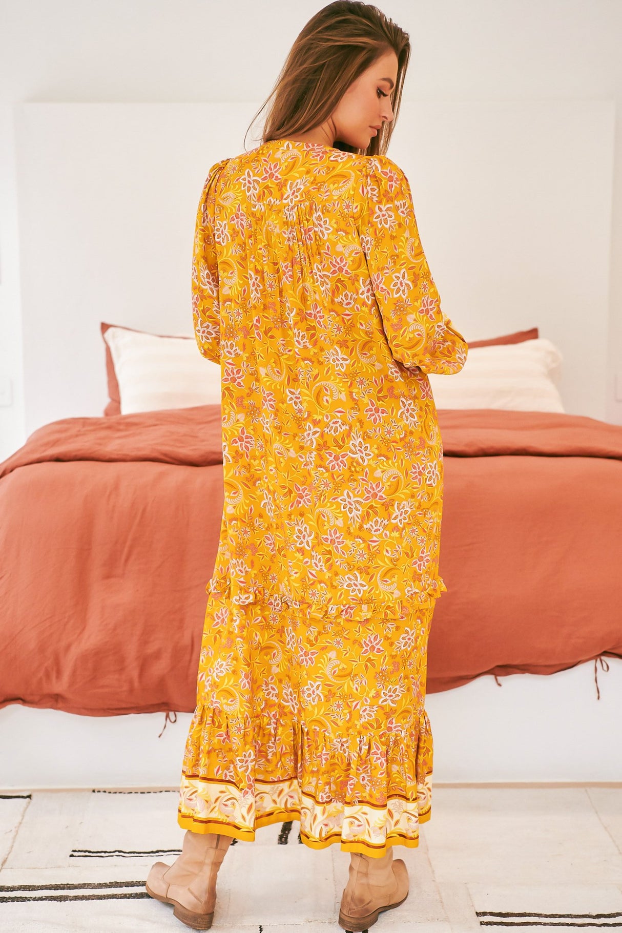 Kensey Maxi Dress - Mandarin Collar Long Sleeve Tiered Dress in Willow Print