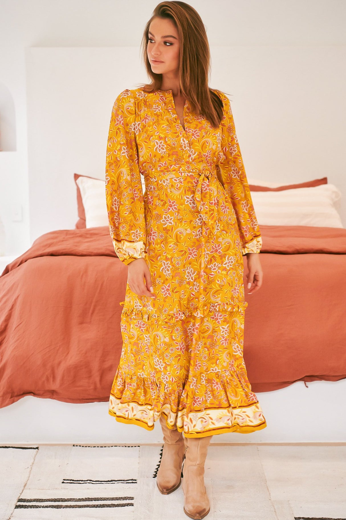 Kensey Maxi Dress - Mandarin Collar Long Sleeve Tiered Dress in Willow Print