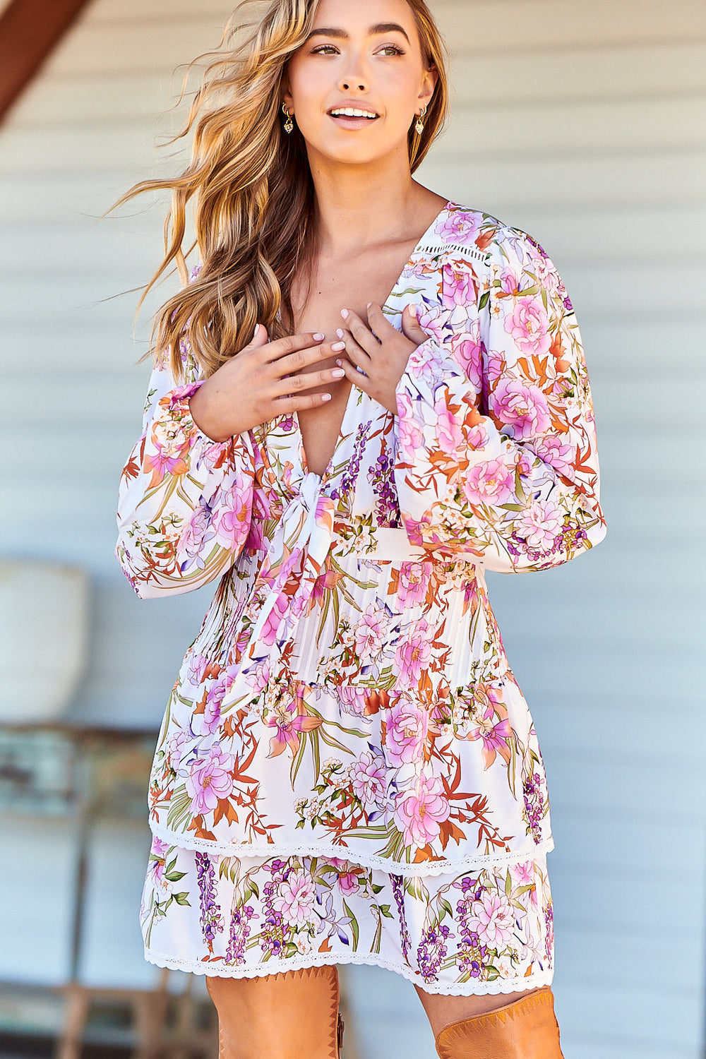 North Mini Dress - Deep V-Neck A-Line Dress with Lace Trims in Acadia Print
