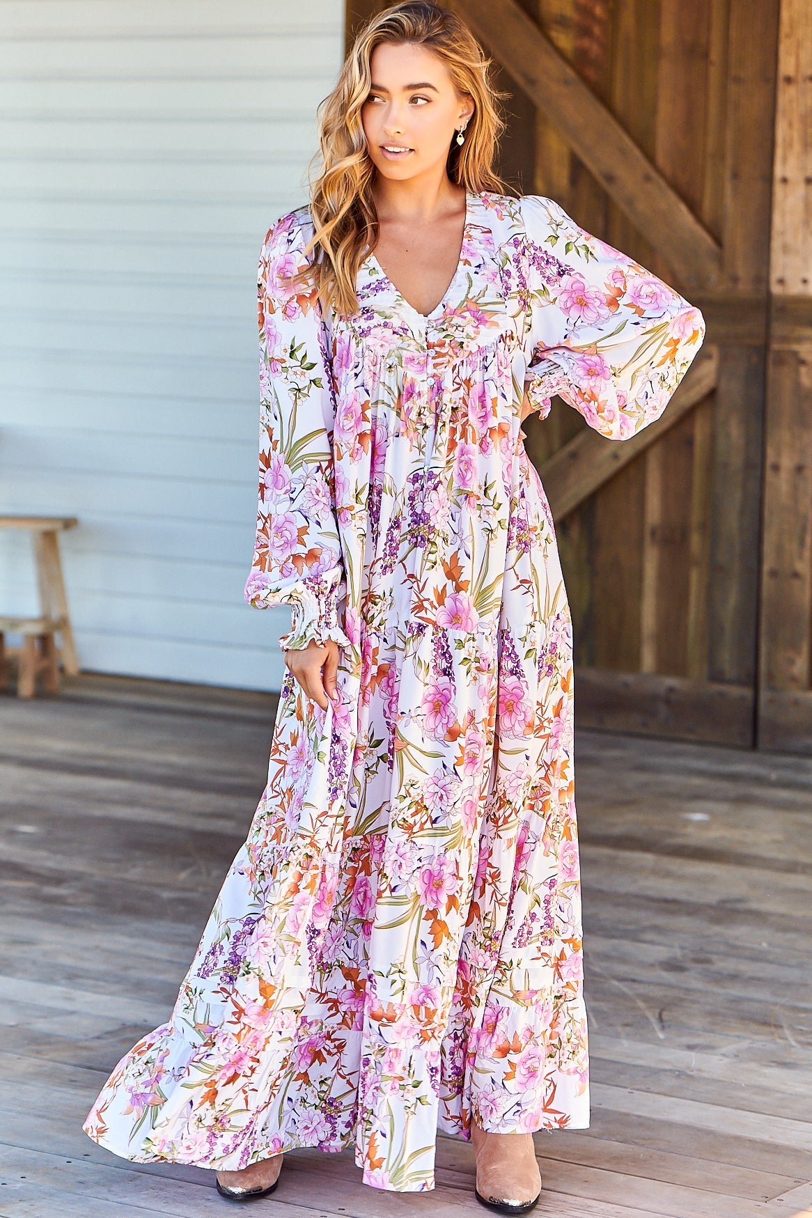 Rosalie Maxi Dress - V Neck Balloon Sleeve Tiered Oversized Dress in Acadia Print