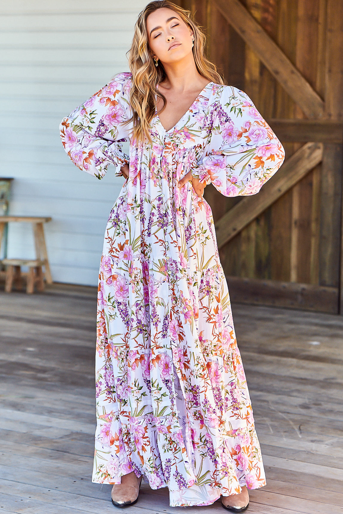 Rosalie Maxi Dress - V Neck Balloon Sleeve Tiered Oversized Dress in Acadia Print