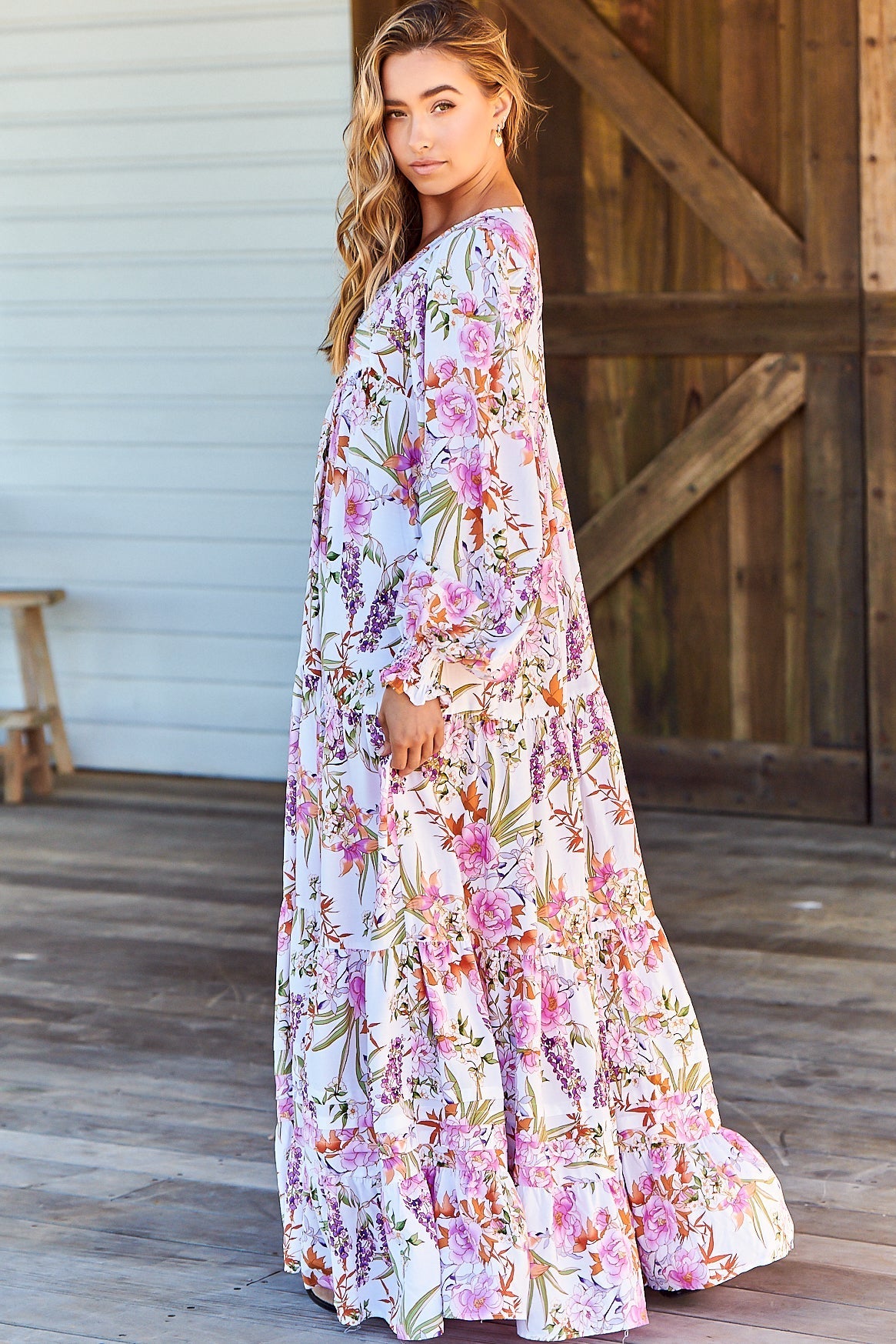 Rosalie Maxi Dress - V Neck Balloon Sleeve Tiered Oversized Dress in Acadia Print