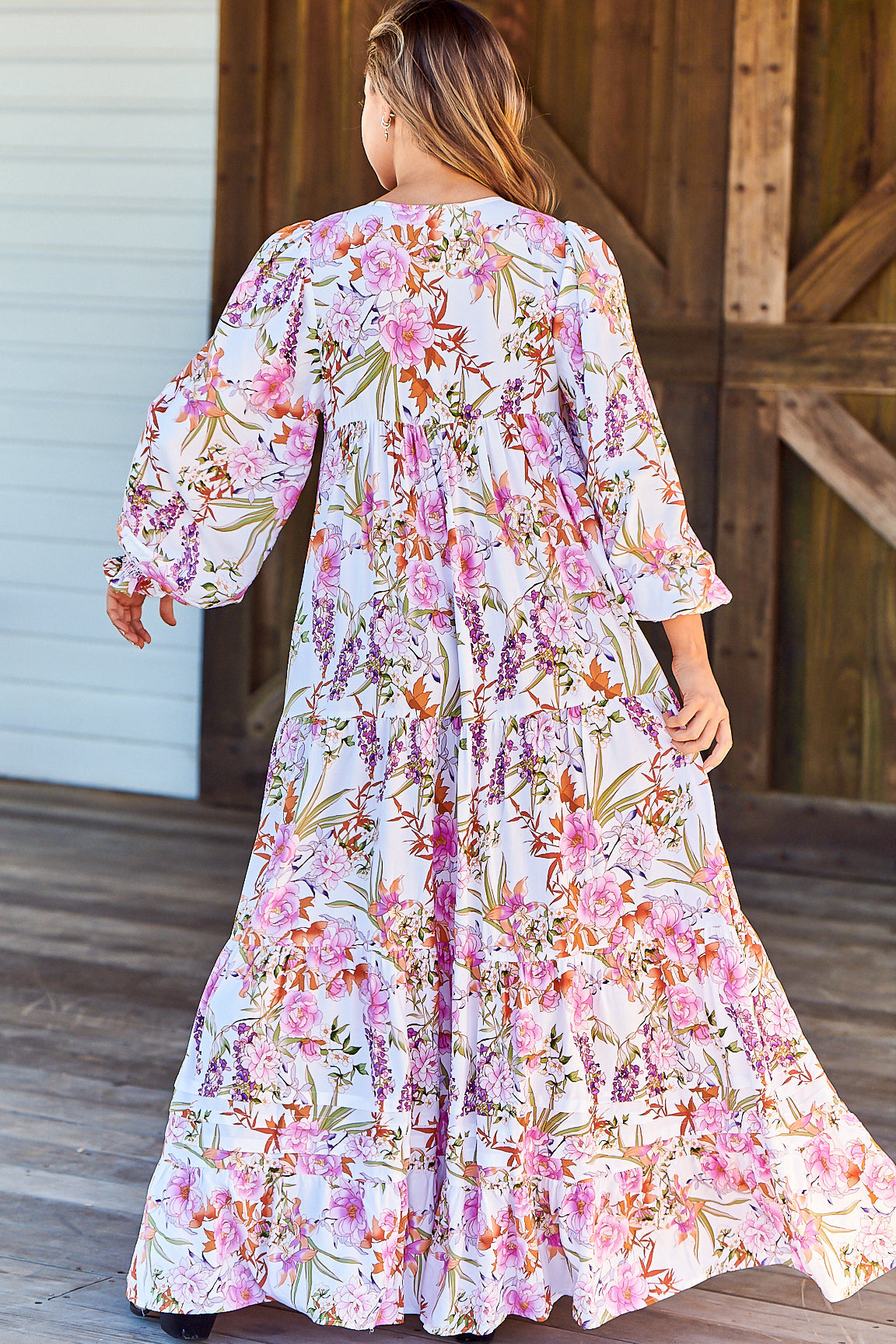 Rosalie Maxi Dress - V Neck Balloon Sleeve Tiered Oversized Dress in Acadia Print