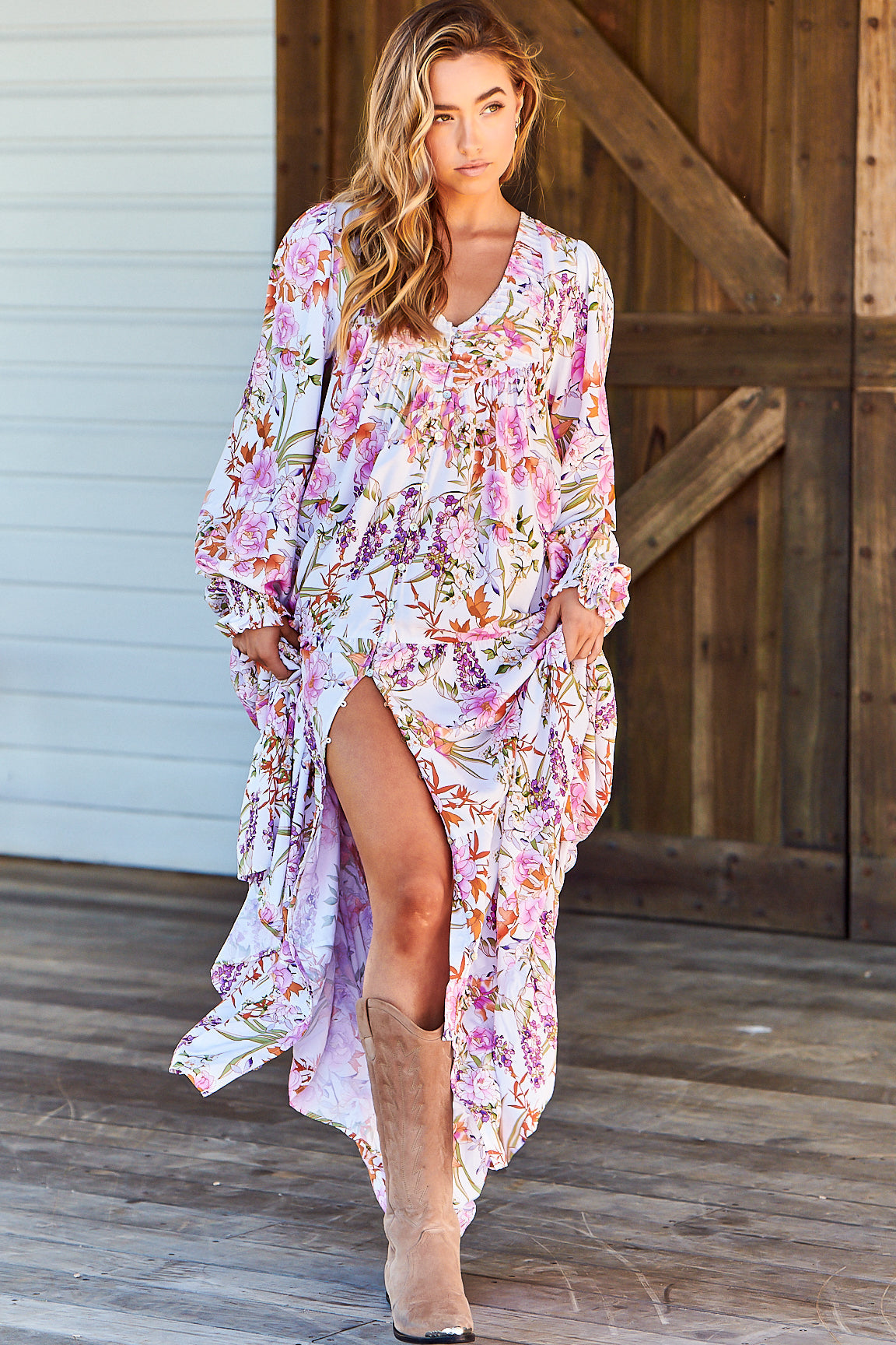 Rosalie Maxi Dress - V Neck Balloon Sleeve Tiered Oversized Dress in Acadia Print