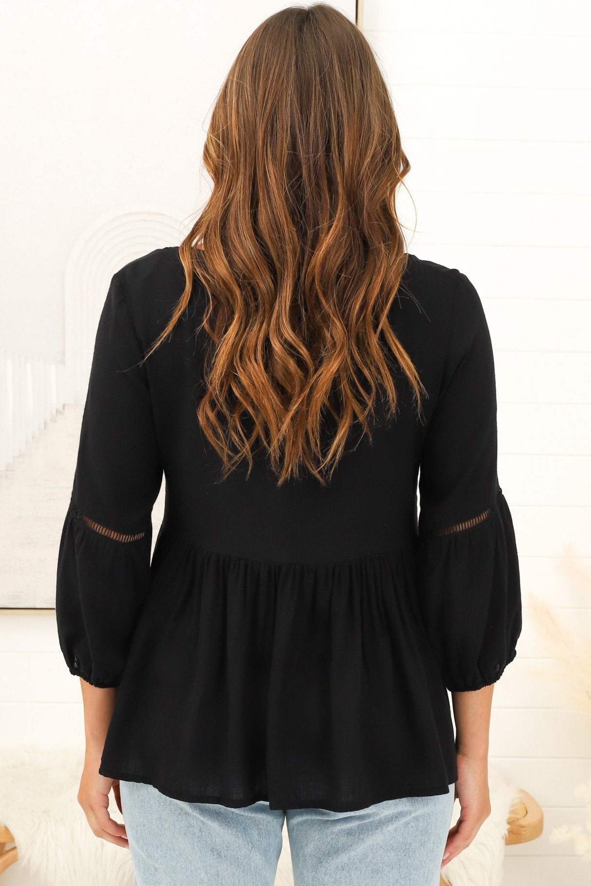 Dido Top - 3/4 Sleeve Smock Top with Lattice Inserts in Black