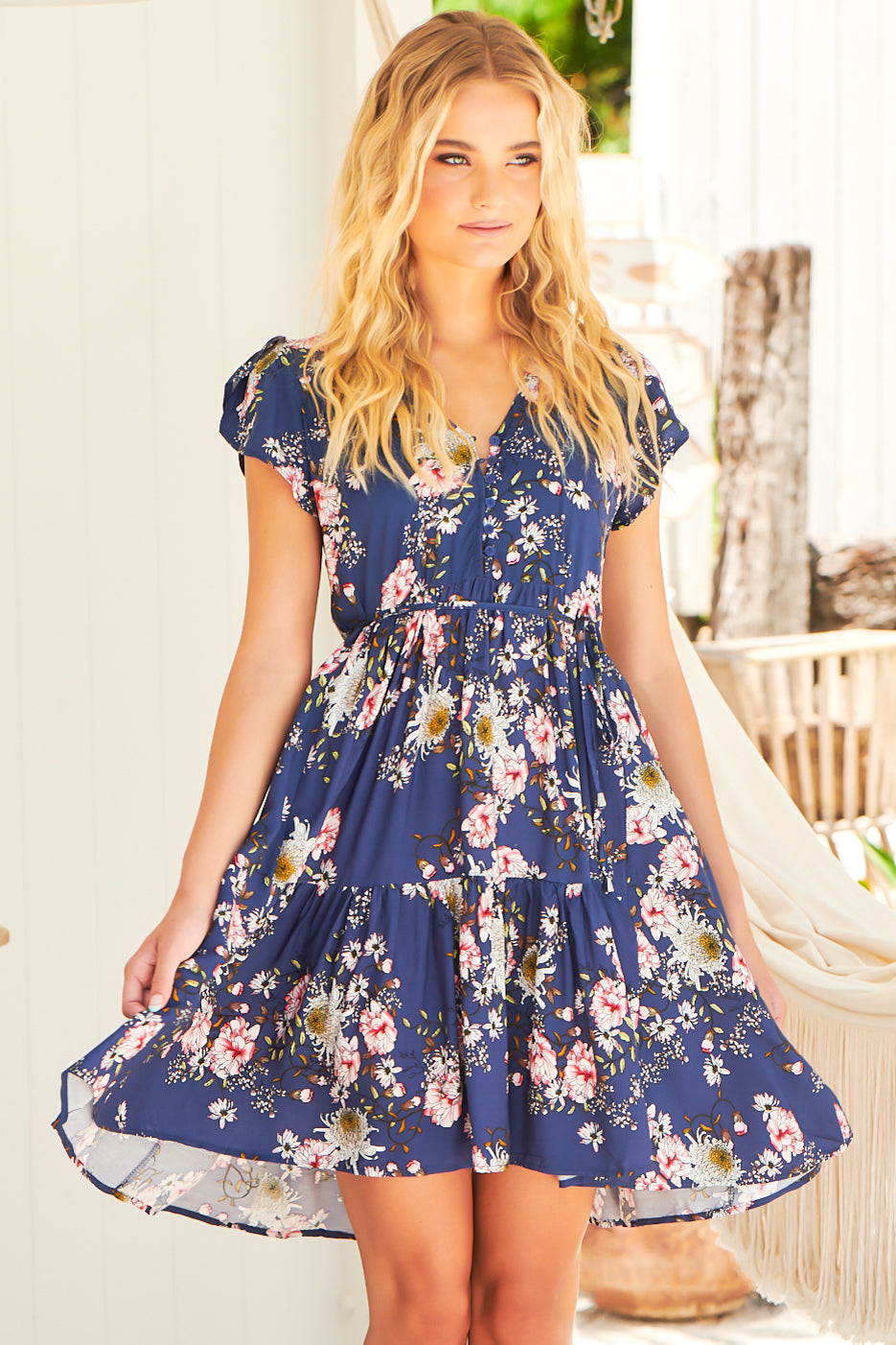 JAASE - Tracey Mini Dress: Cap Sleeve Dress with Waist Tie in Piana Print