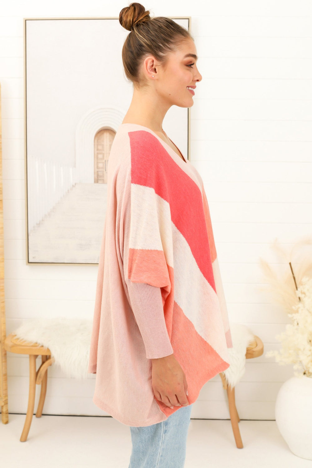 Bless Jumper - Colour Block Oversized Batwing Sleeve Jumper in Pink