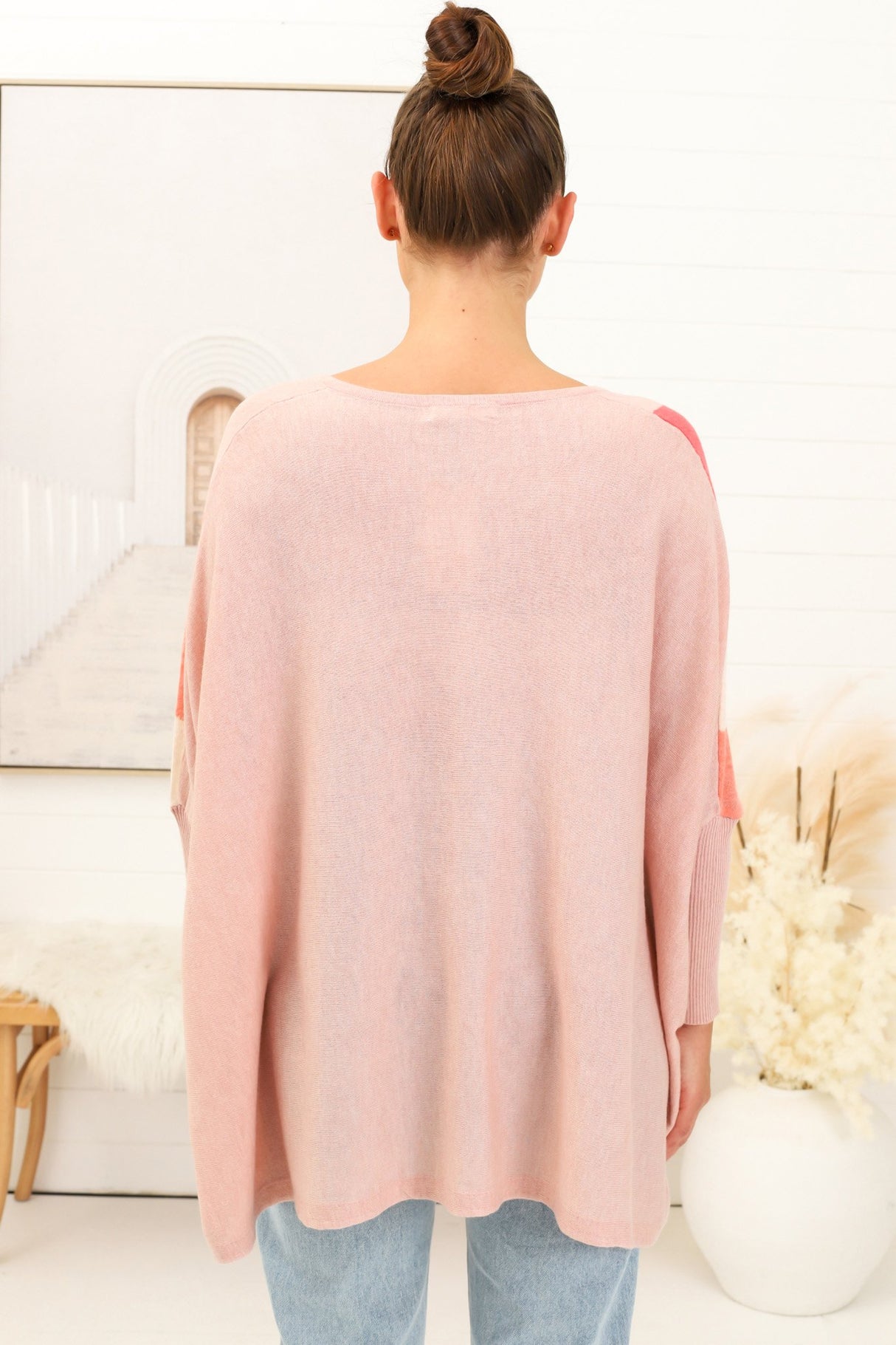 Bless Jumper - Colour Block Oversized Batwing Sleeve Jumper in Pink